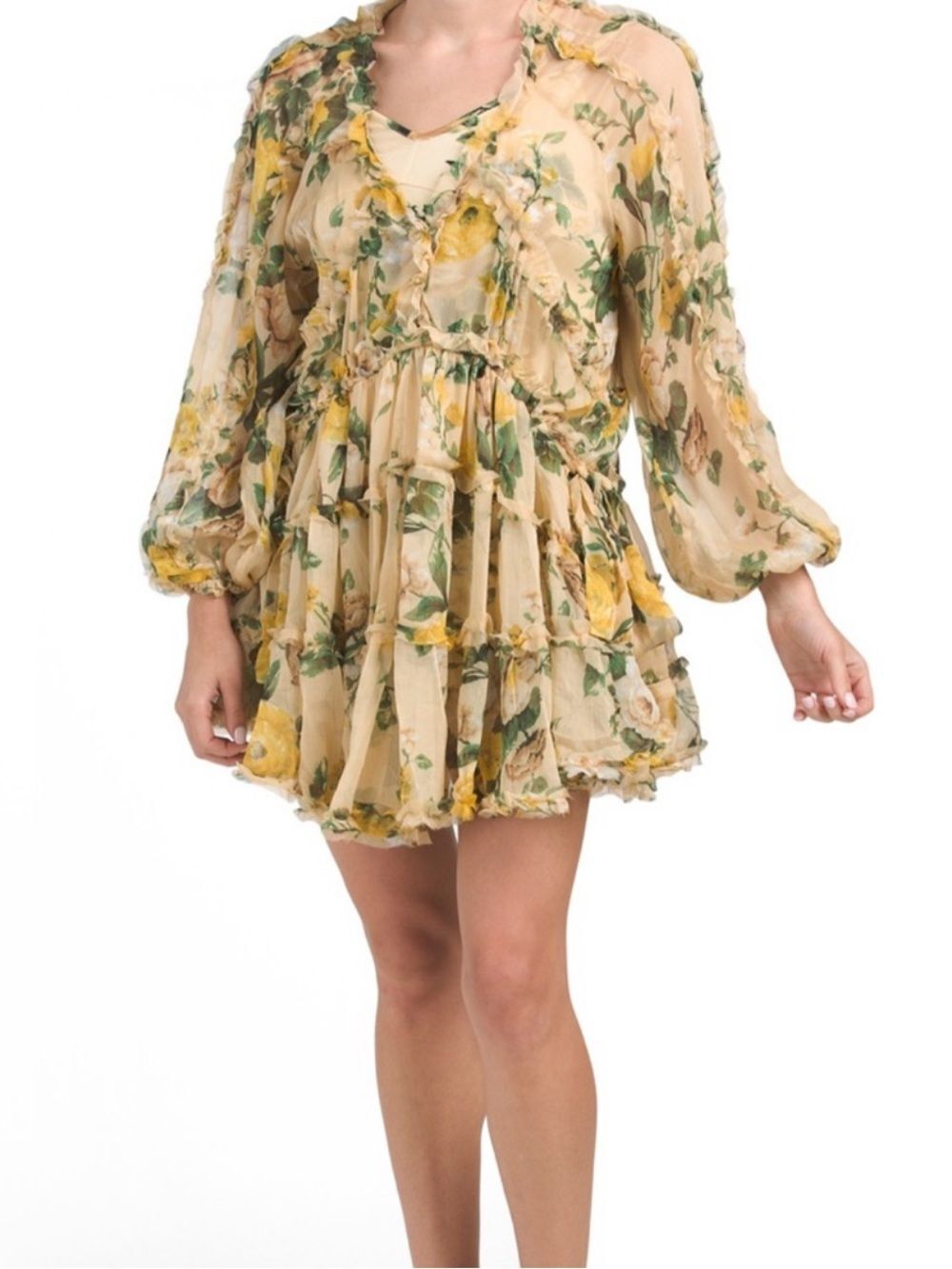 O.P.T WOMENS GREEN YELLOW FLORAL ANGELIQUE RUFFLE MINI BABYDOLL DRESS SMALL